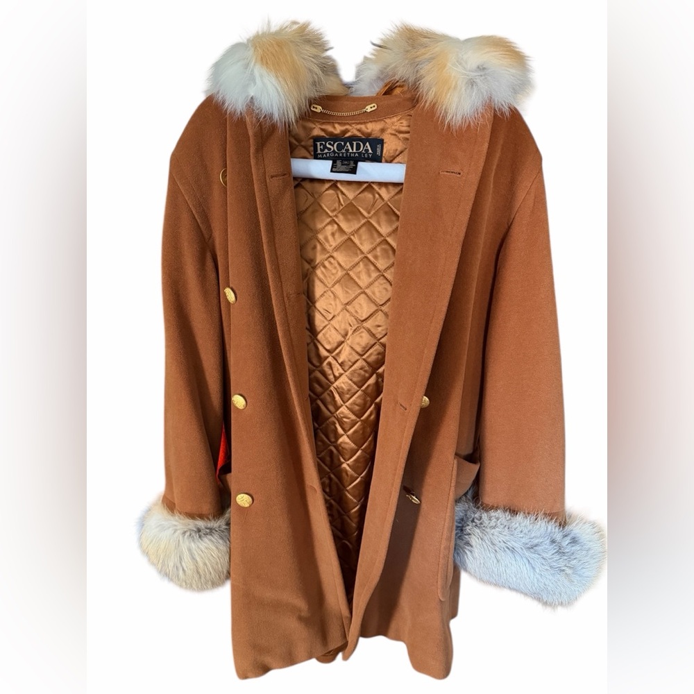 Escada Margaretha Ley Fox Fur Trimmed Coat Sz 36 Caramel Brown